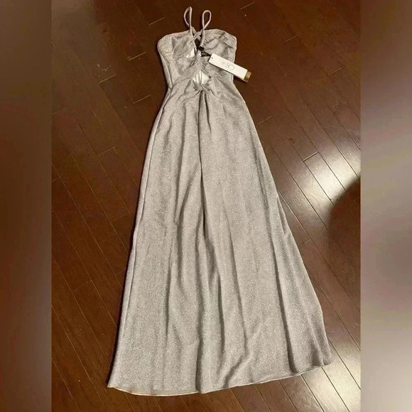 PATBO Cut-Out Lurex Maxi Dress 0 XS NWT Silver Sparkle Gown Shimmering Strappy - Picture 6 of 12